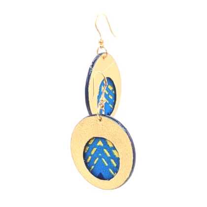 Boucles d'oreilles en cuir et tissu bleu et doré